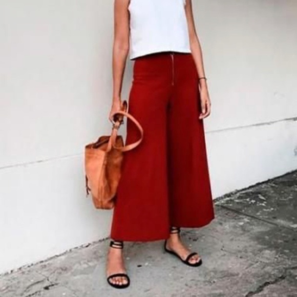 Zara Culotte Trousers Cropped Red Brick Cinnamon Wide leg Slash Pockets M - Picture 2 of 11